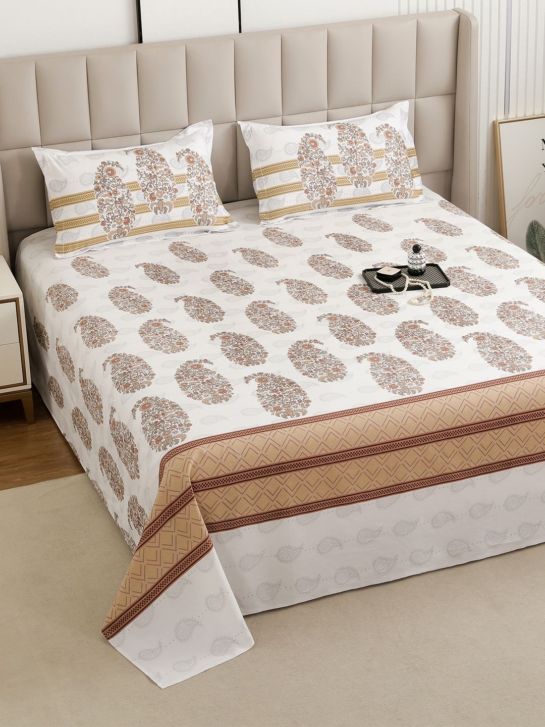 Story@home Story@home White Paisley Cotton 260 TC Super King Bedsheet with Pillow Covers - 108x108 In