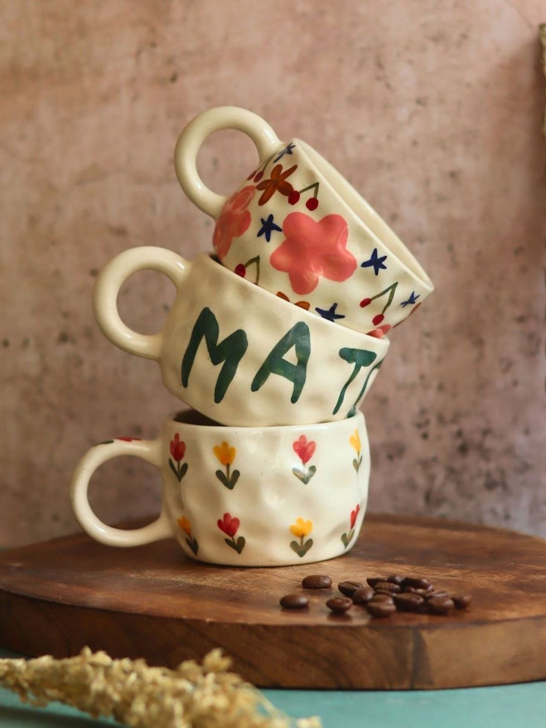 WEAVING HOMES Off White & Green 3 Pieces Printed Ceramic Glossy Mugs