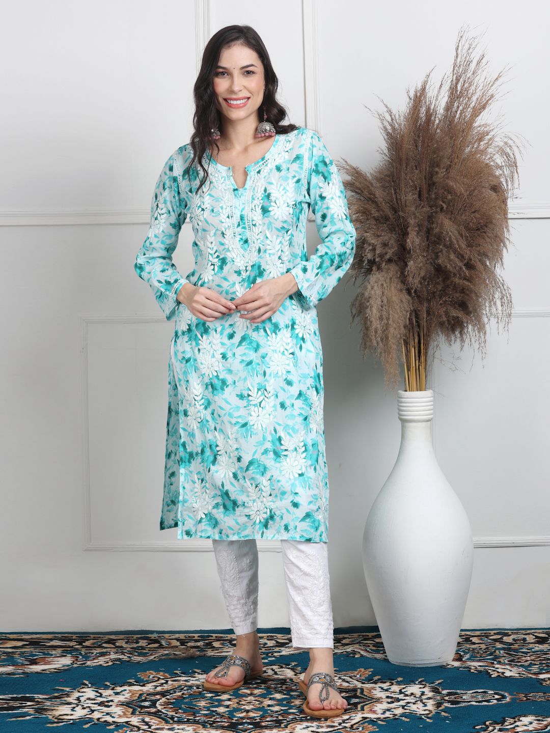 KHAKA Women Floral Embroidered Festive Linen Straight Kurta