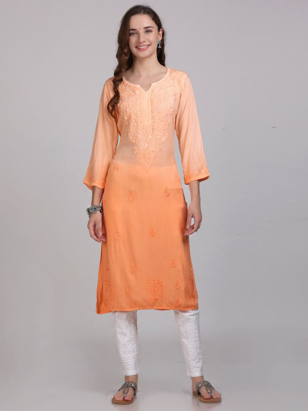 KHAKA Ombre Dyed Notch Neck Chikankari Straight Kurta