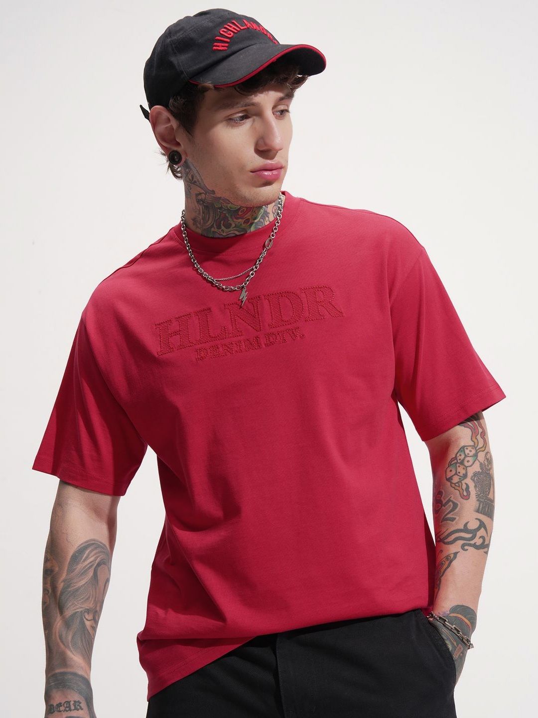 HIGHLANDER Men Typography Solid Round Neck Cotton Oversized T-shirt