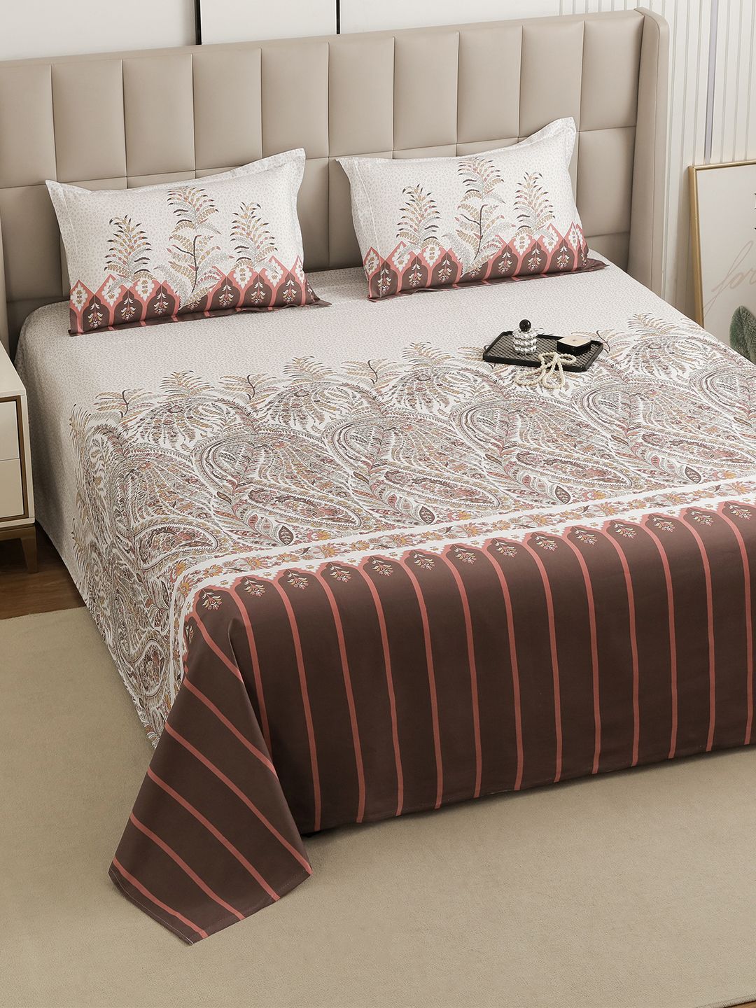 260 TC Cotton King Bedsheet Story@home Brown Ethnic Motifs Cotton 260 TC King Bedsheet with Pillow Covers - 108x108 In