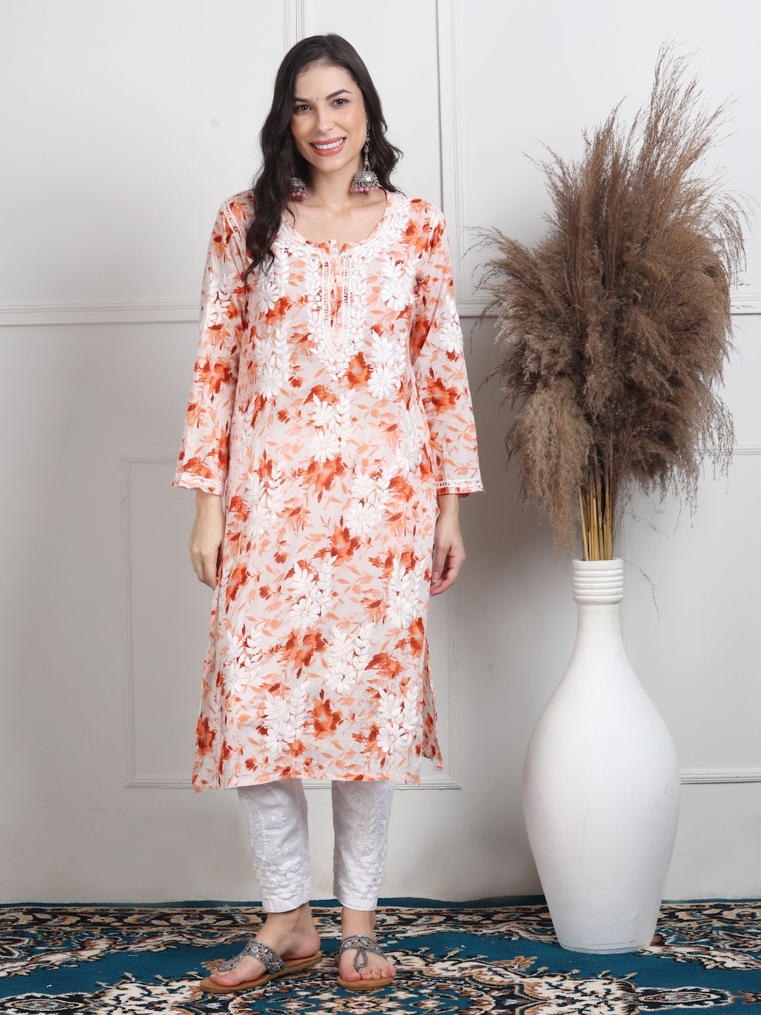 KHAKA Floral Printed Round Neck Thread Work Straight Kurta
