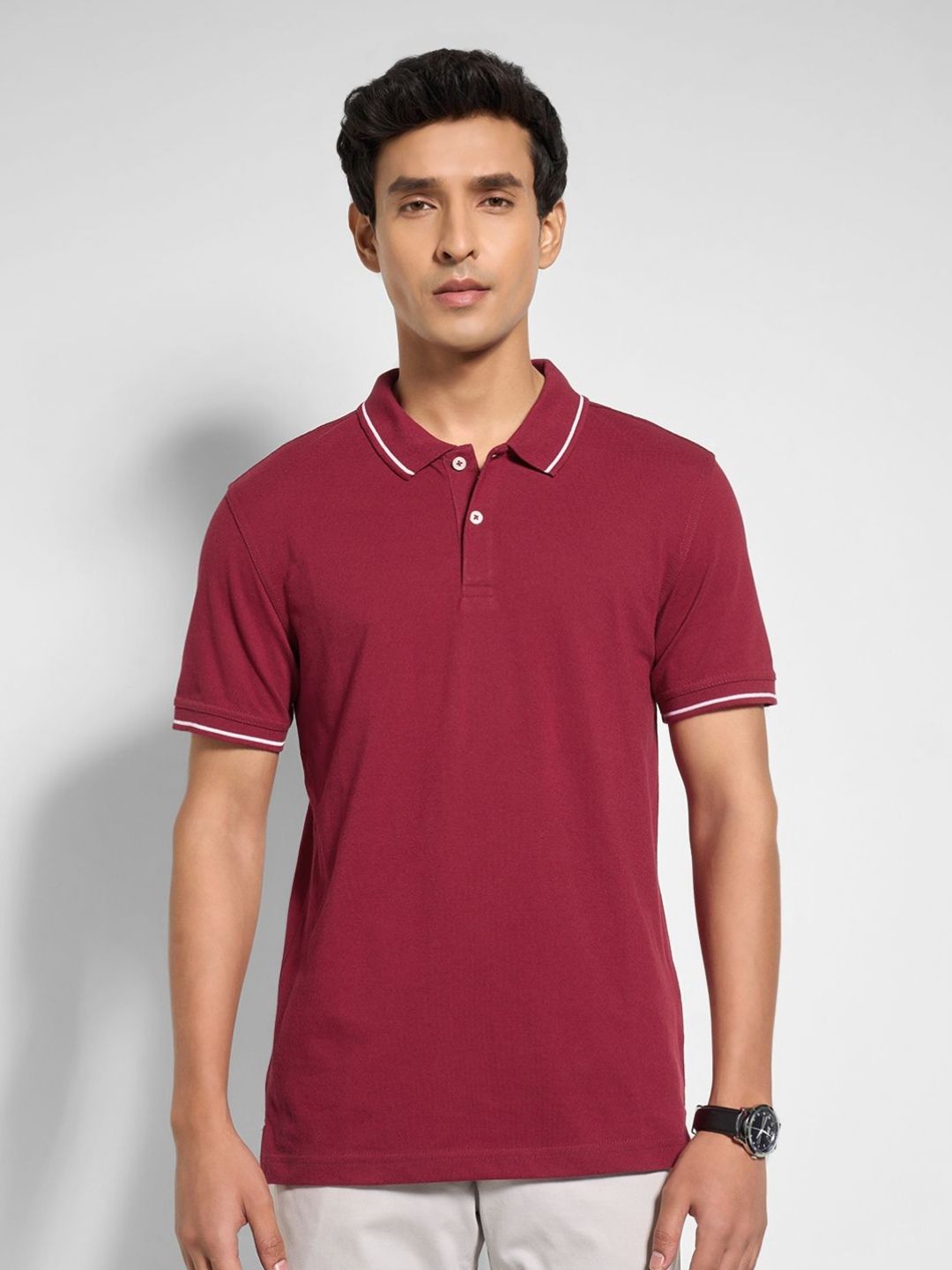 Peregrine by Pantaloons Men Solid Polo Collar Pure Cotton T-shirt