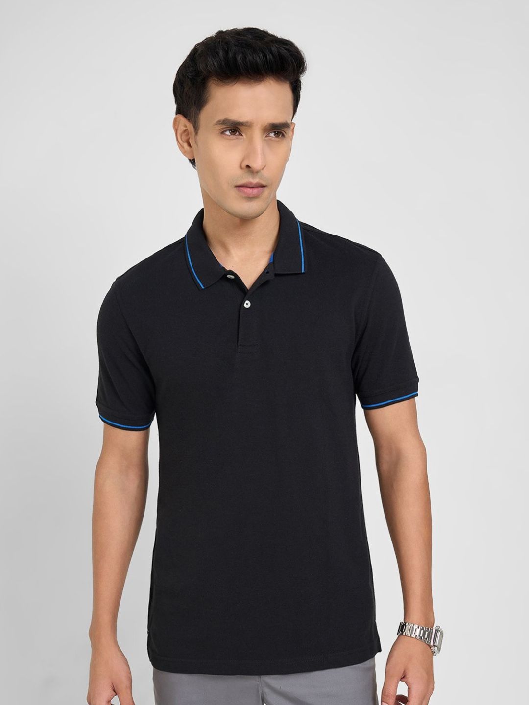Peregrine by Pantaloons Men Solid Polo Collar Pure Cotton T-shirt