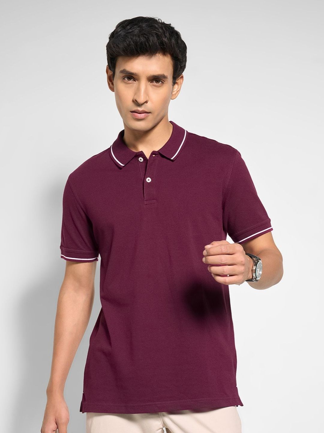 Peregrine by Pantaloons Men Solid Polo Collar Pure Cotton T-shirt