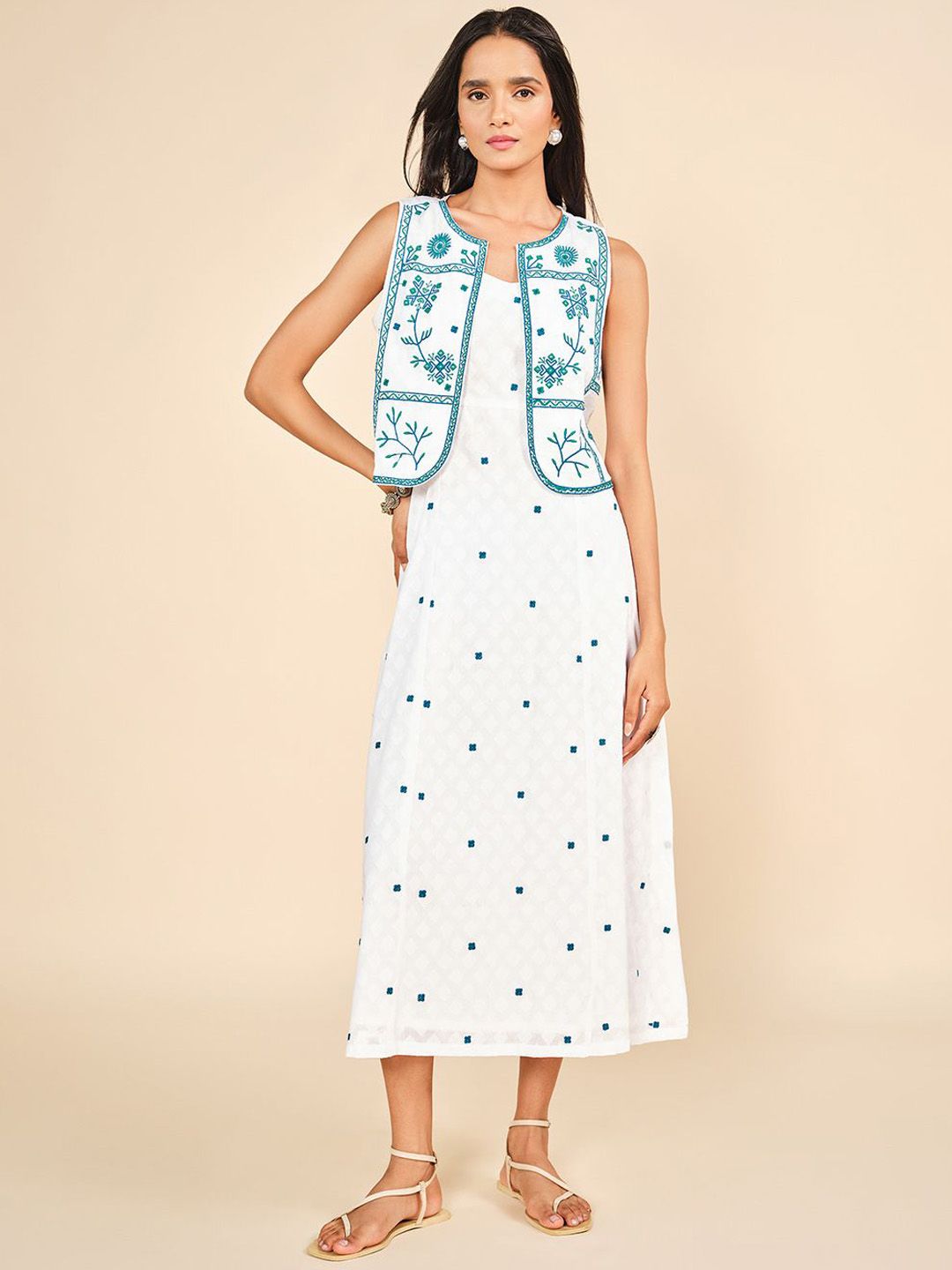 Global Desi Global Desi Women Embroidered Pure Cotton A-line Dress With Jacket