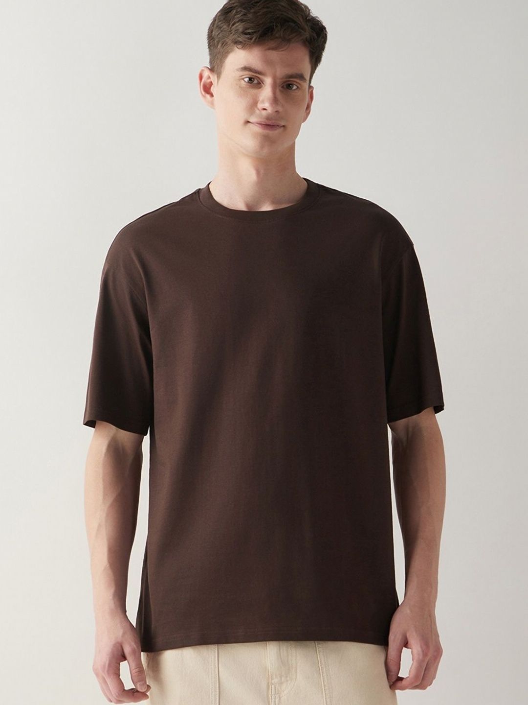 URBANICE Men Solid Round Neck Cotton Oversized T-shirt