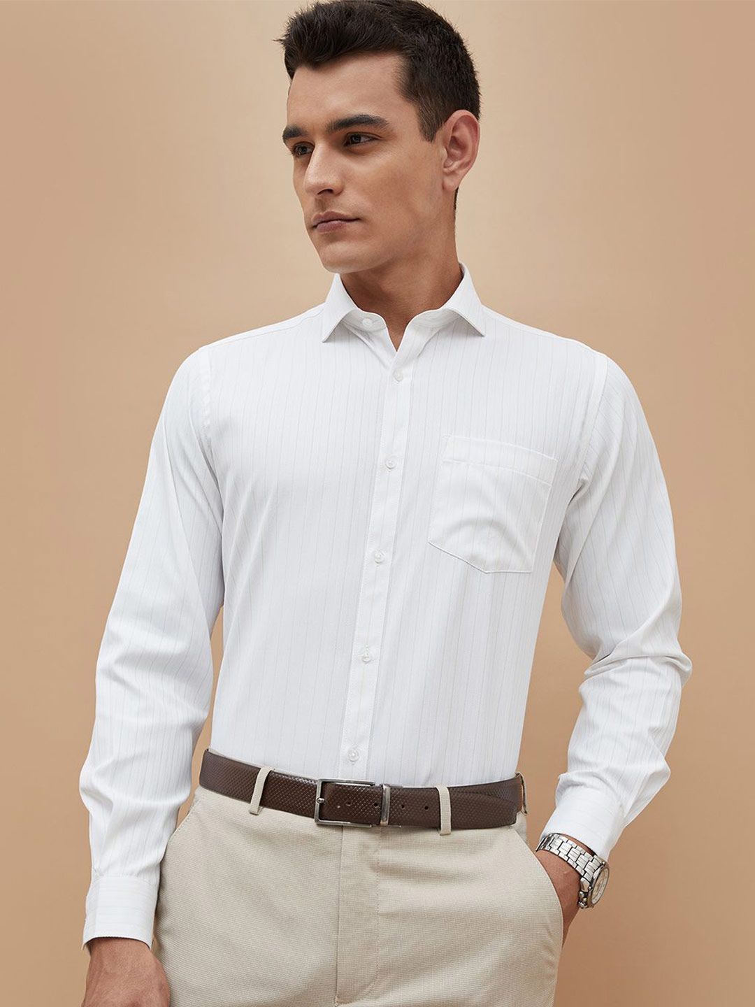 CODE by Lifestyle Men Slim Fit Vertical Striped Spread Collar Cotton Formal Shirt