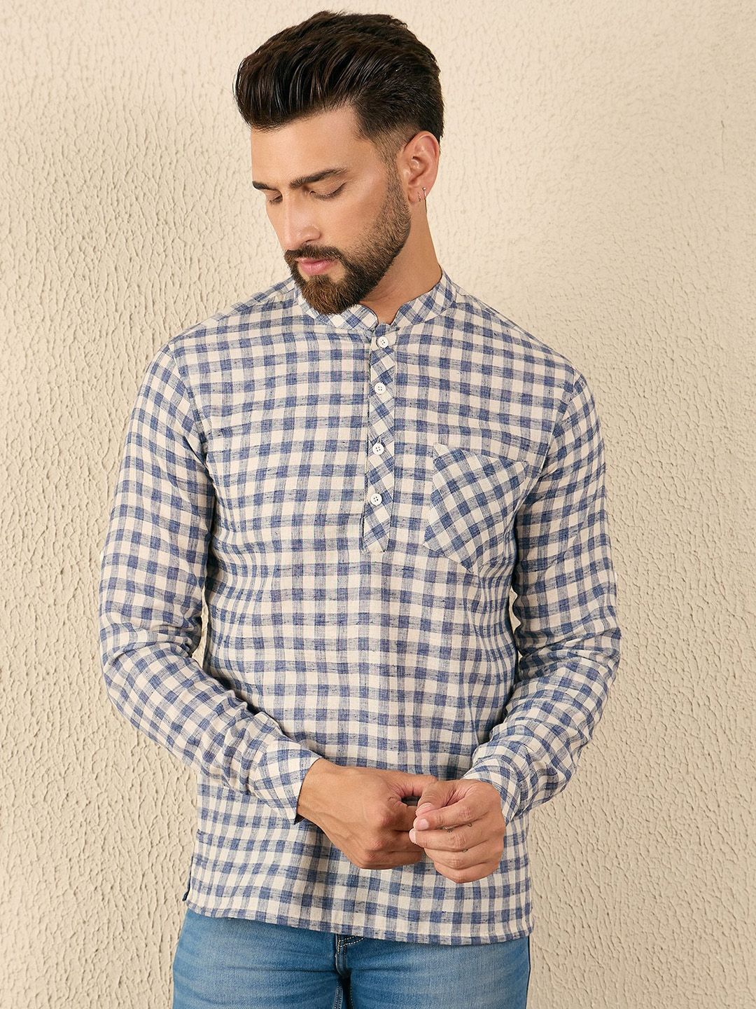 House of Pataudi Men Checked Mandarin Collar Pure Cotton Short Kurta