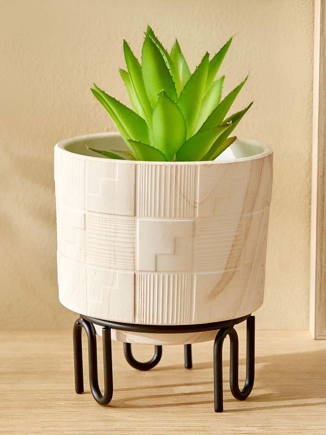 Home Centre Home Centre Gloria Earthy Off White & Black Textured Metal Floor Planter With Stand