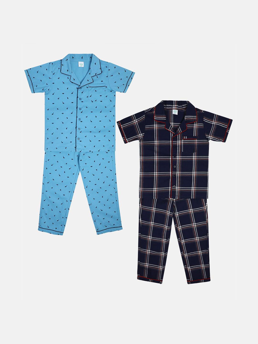 MINI KLUB Boys Pack Of 2 Shirt Collar Printed Short Sleeves Pure Cotton Top With Trousers