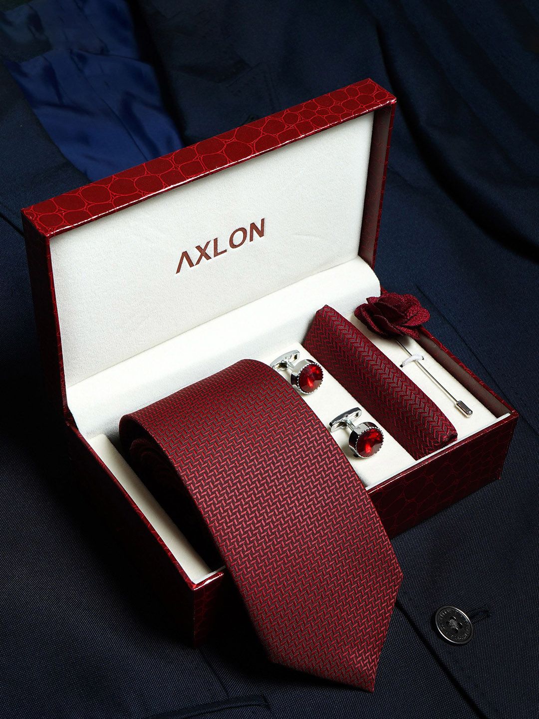 Axlon Men Geometric Tie, Cufflinks, Flower Pin & Pocket Square Accessory Gift Set deal from myntra Axlon Men Geometric Tie, Cufflinks, Flower Pin & Pocket Square Accessory Gift Set deal from myntra