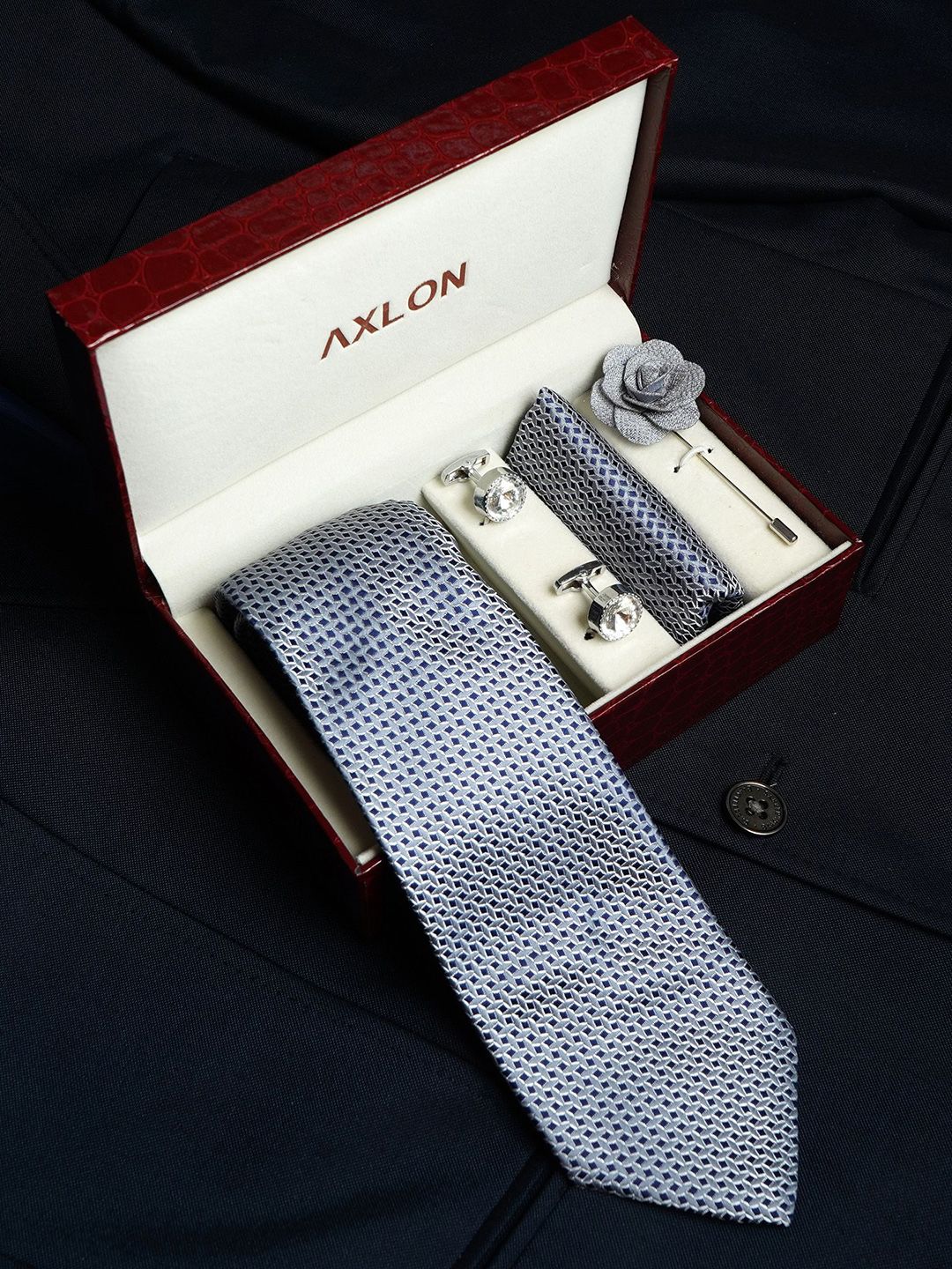 AXLON Men Geometric Design Tie Pocket Square Cufflink & Flower Pin Accessory Gift Set deal from myntra AXLON Men Geometric Design Tie Pocket Square Cufflink & Flower Pin Accessory Gift Set deal from myntra