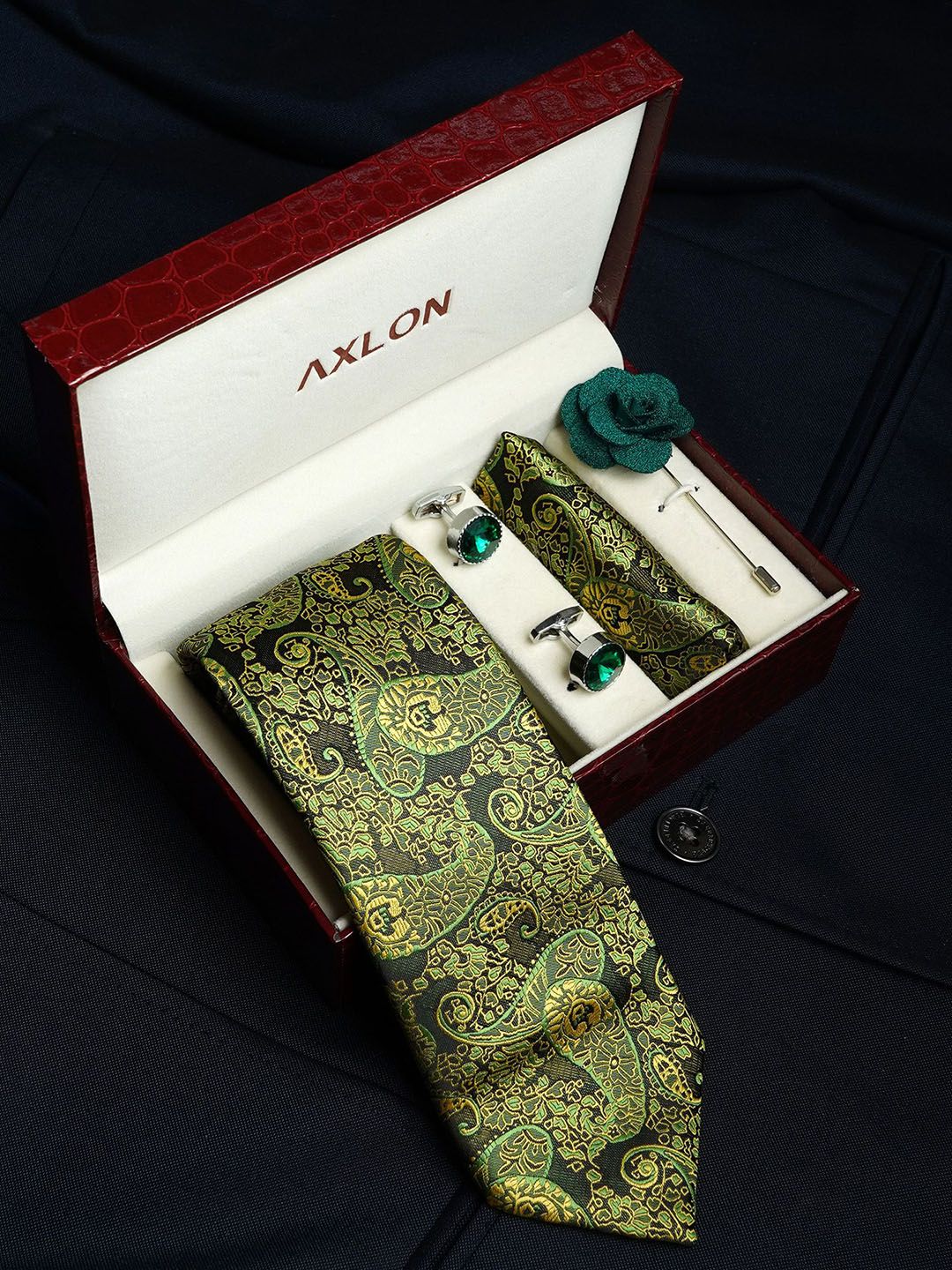AXLON Men Paisley Printed Tie Pocket Square Cufflink & Flower Pin Accessory Gift Set deal from myntra AXLON Men Paisley Printed Tie Pocket Square Cufflink & Flower Pin Accessory Gift Set deal from myntra