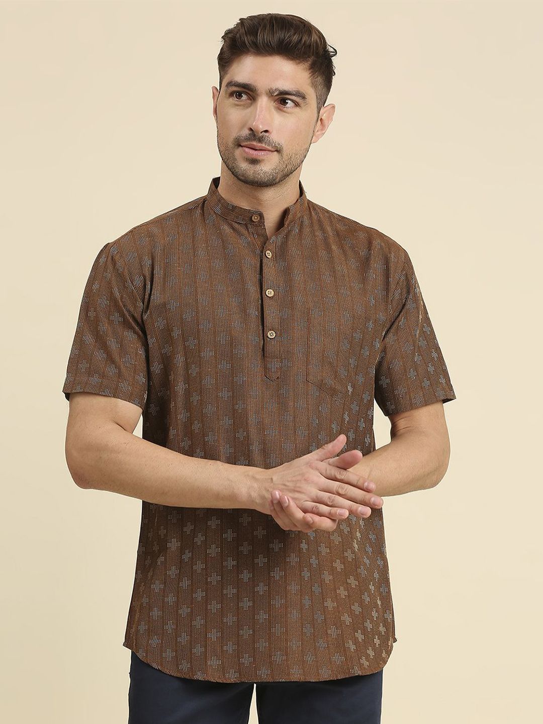 RAJUBHAI HARGOVINDAS Woven Design Band Collar Pure Cotton Kurta