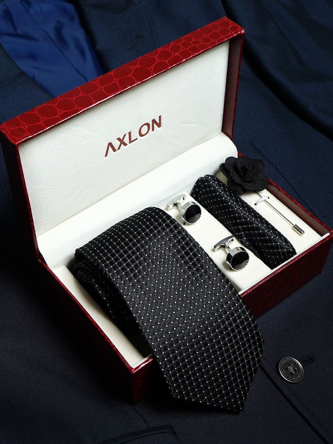 AXLON Men Micro Dotted Tie Pocket Square Cufflink & Flower Pin Accessory Gift Set deal from myntra AXLON Men Micro Dotted Tie Pocket Square Cufflink & Flower Pin Accessory Gift Set deal from myntra