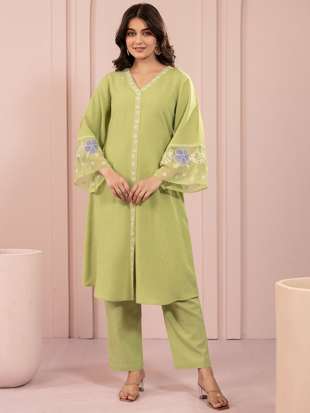 Women Embroidered Kurta Set AUTUMN LANE Women Floral Embroidered Cotton Kurta with Palazzo