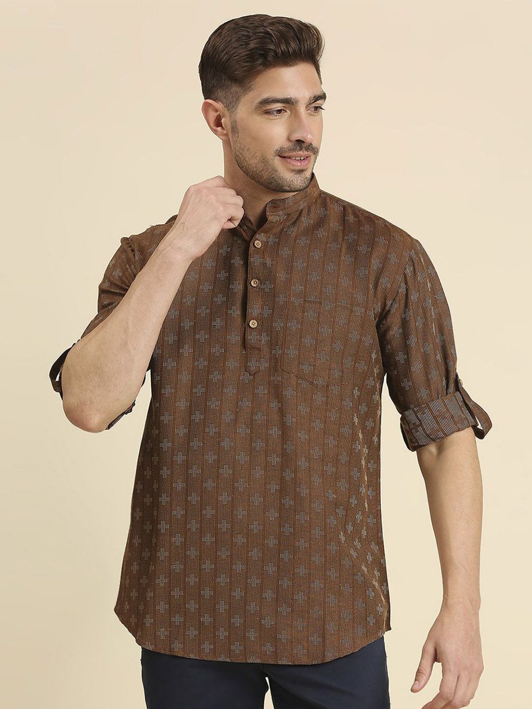 RAJUBHAI HARGOVINDAS Woven Design Band Collar Pure Cotton Kurta