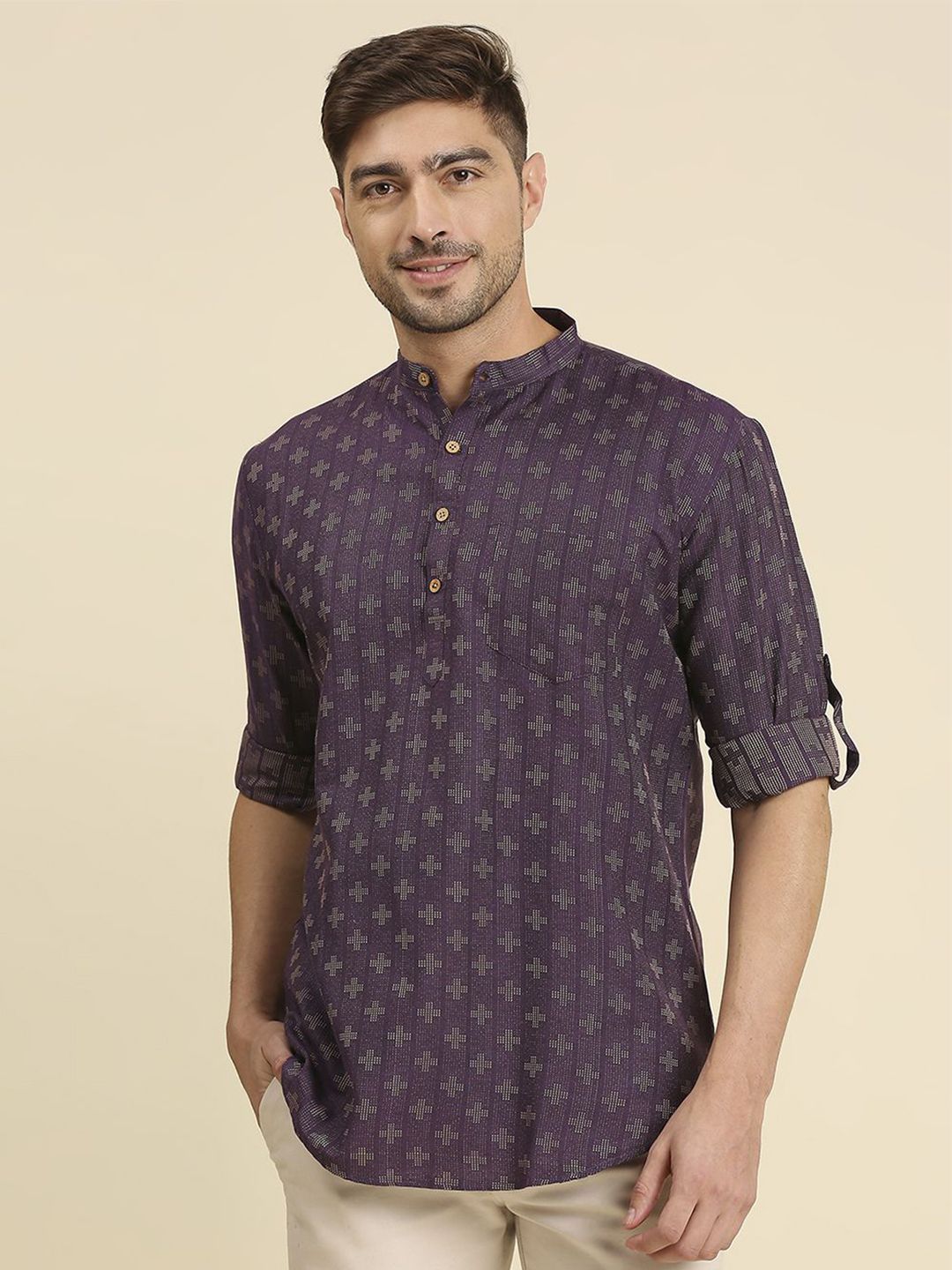 RAJUBHAI HARGOVINDAS Geometric Printed Band Collar Pure Cotton Straight Short Kurta
