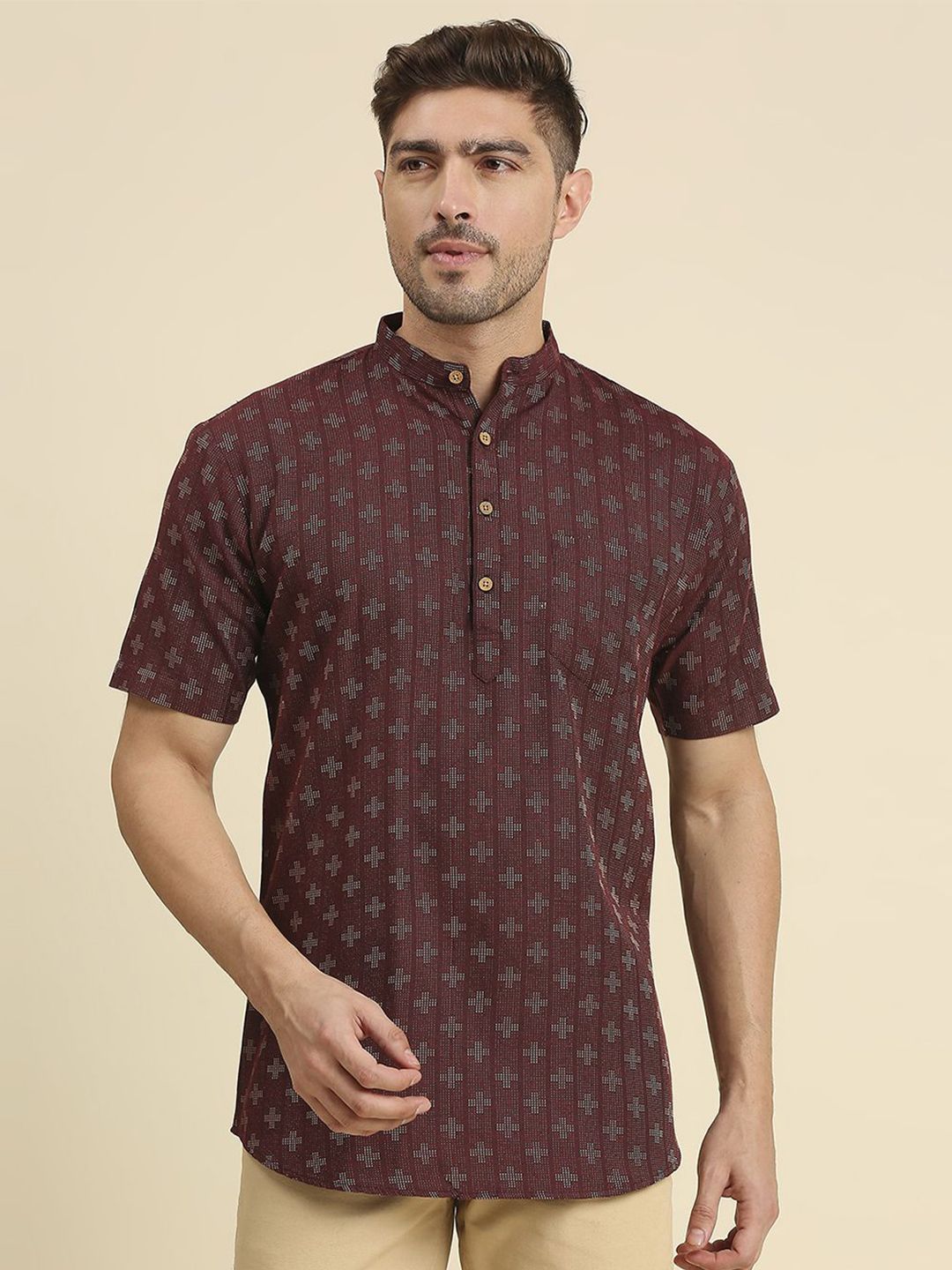 RAJUBHAI HARGOVINDAS Woven Design Band Collar Pure Cotton Kurta