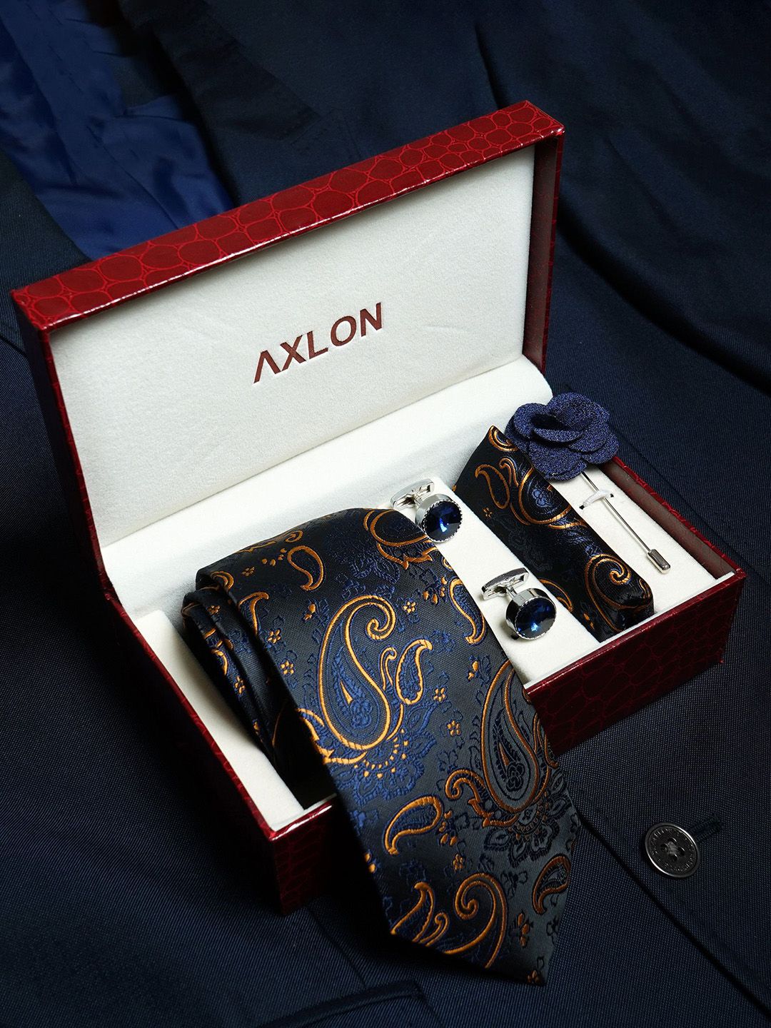 AXLON Men Paisley Tie Pocket Square Cufflink & Flower Pin Accessory Gift Set deal from myntra AXLON Men Paisley Tie Pocket Square Cufflink & Flower Pin Accessory Gift Set deal from myntra