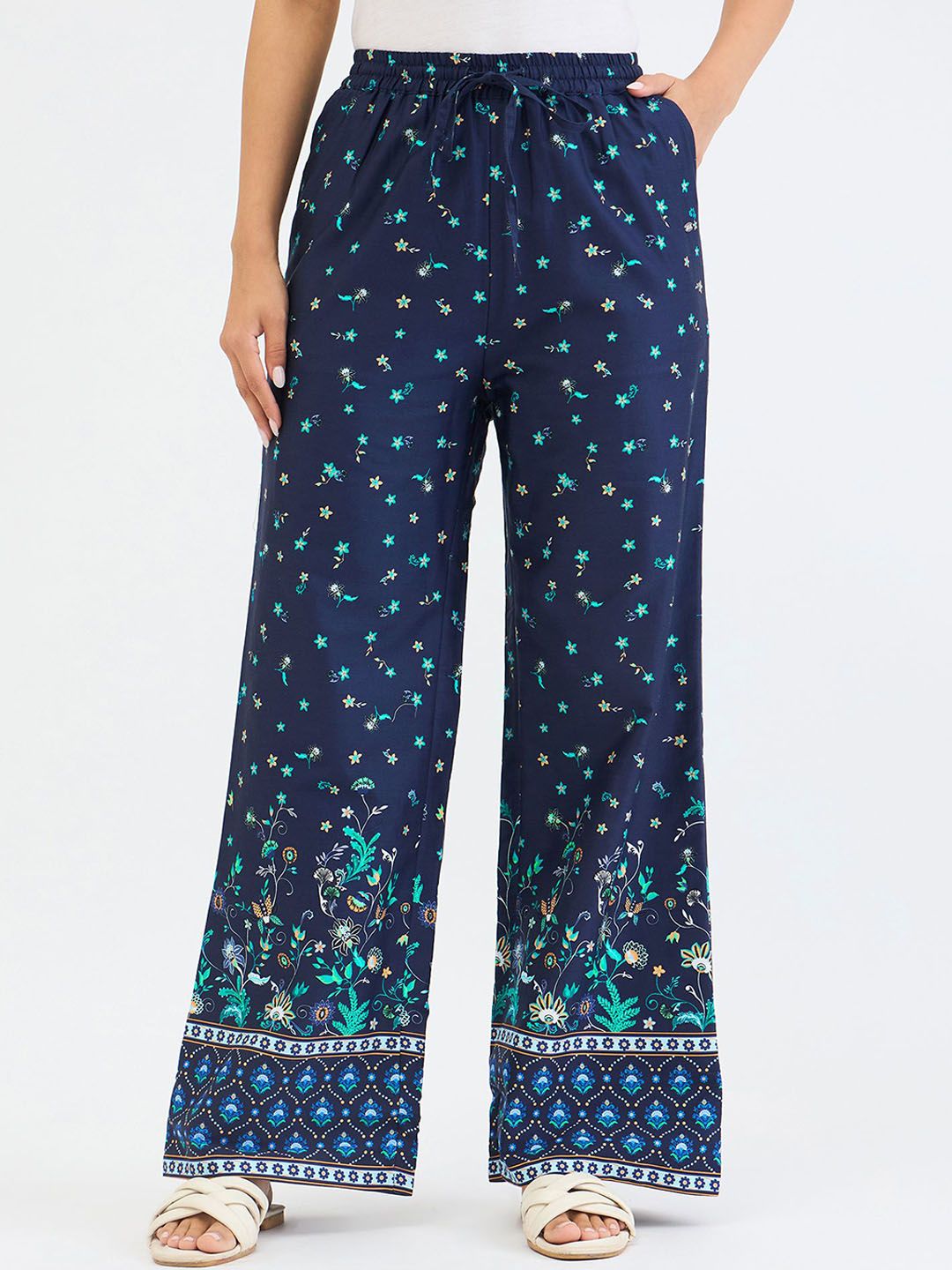 ELLE Women Floral Printed Relaxed Fit High-Rise Wide Leg Flat-Front Cotton Trousers