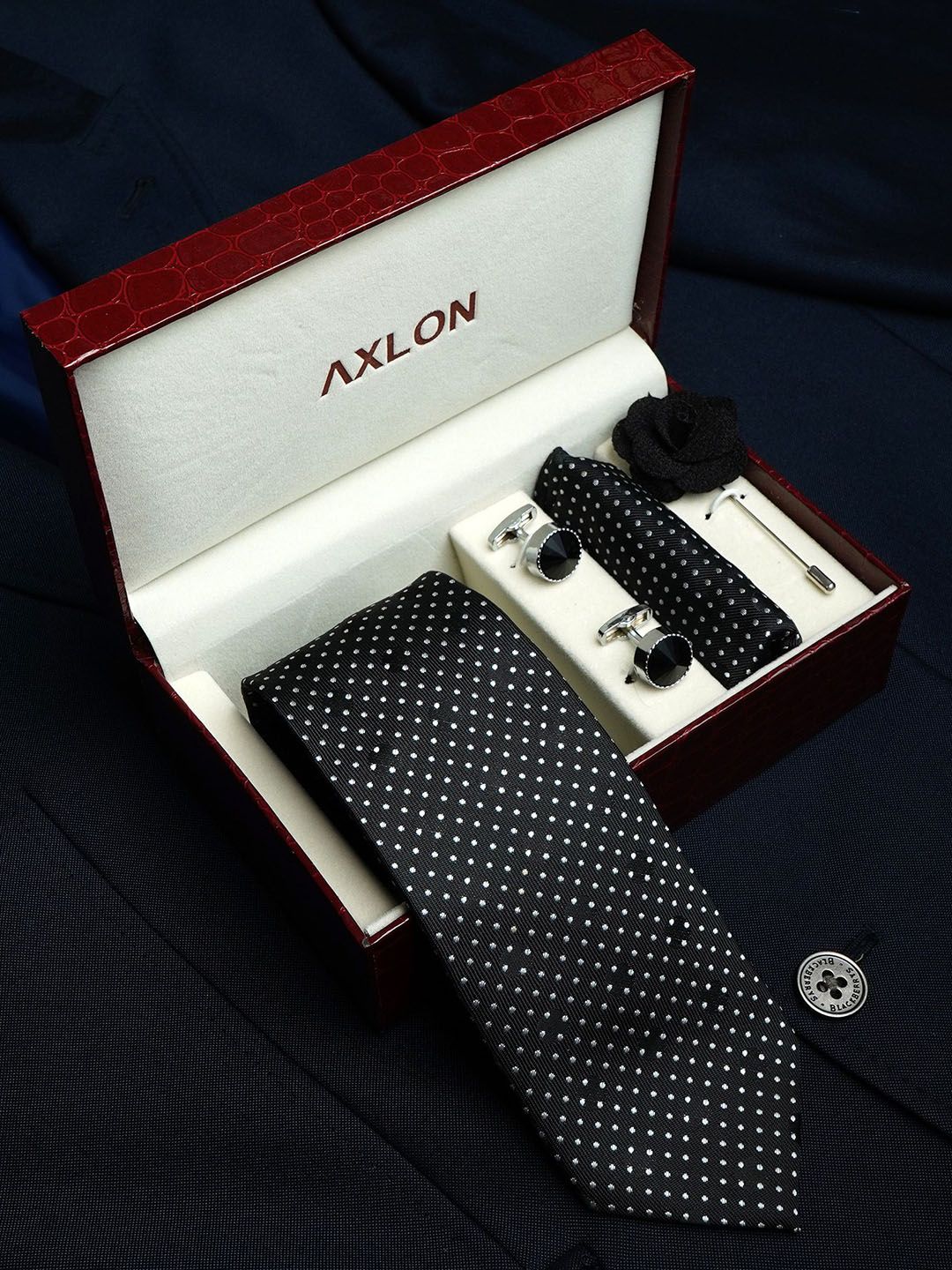 Axlon Men Polka Dotted Tie, Cufflinks, Flower Pin & Pocket Square Accessory Gift Set deal from myntra Axlon Men Polka Dotted Tie, Cufflinks, Flower Pin & Pocket Square Accessory Gift Set deal from myntra