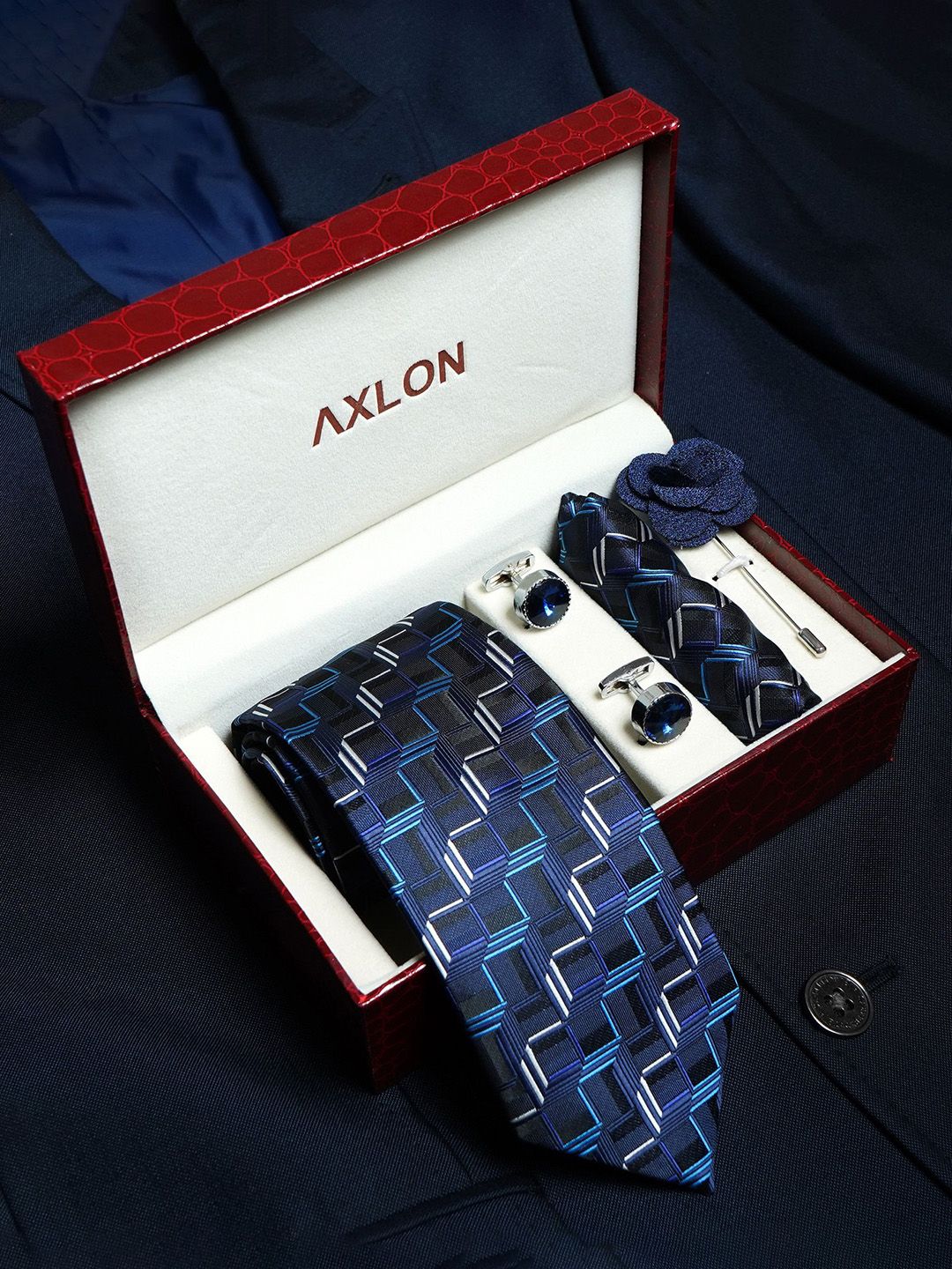 Axlon Men Geometric Tie Set With Pocket Square, Cufflink & Flower Pin Gift Set deal from myntra Axlon Men Geometric Tie Set With Pocket Square, Cufflink & Flower Pin Gift Set deal from myntra