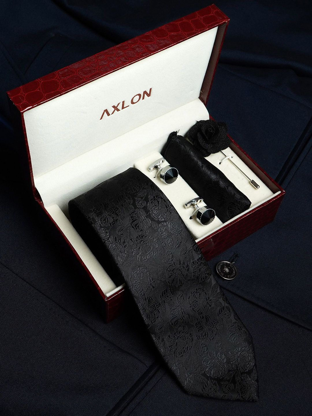 Axlon Black Floral Tie, Cufflinks, Flower Pin & Pocket Square Accessory Gift Set deal from myntra Axlon Black Floral Tie, Cufflinks, Flower Pin & Pocket Square Accessory Gift Set deal from myntra