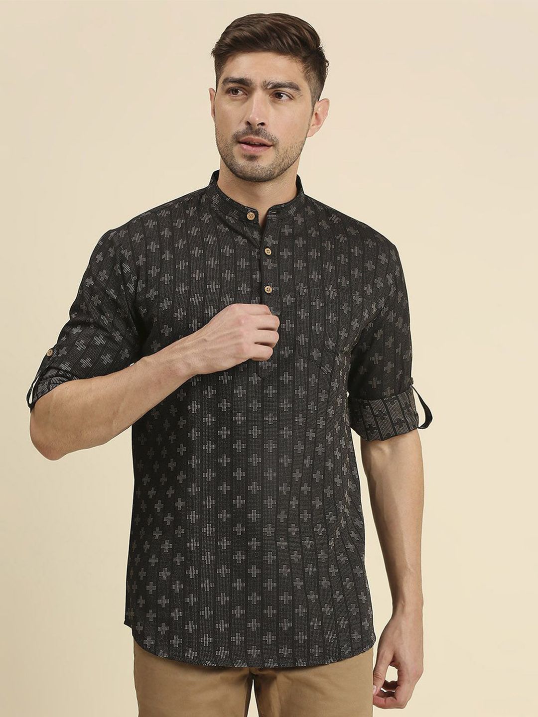RAJUBHAI HARGOVINDAS Geometric Printed Band Collar Pure Cotton Straight Short Kurta