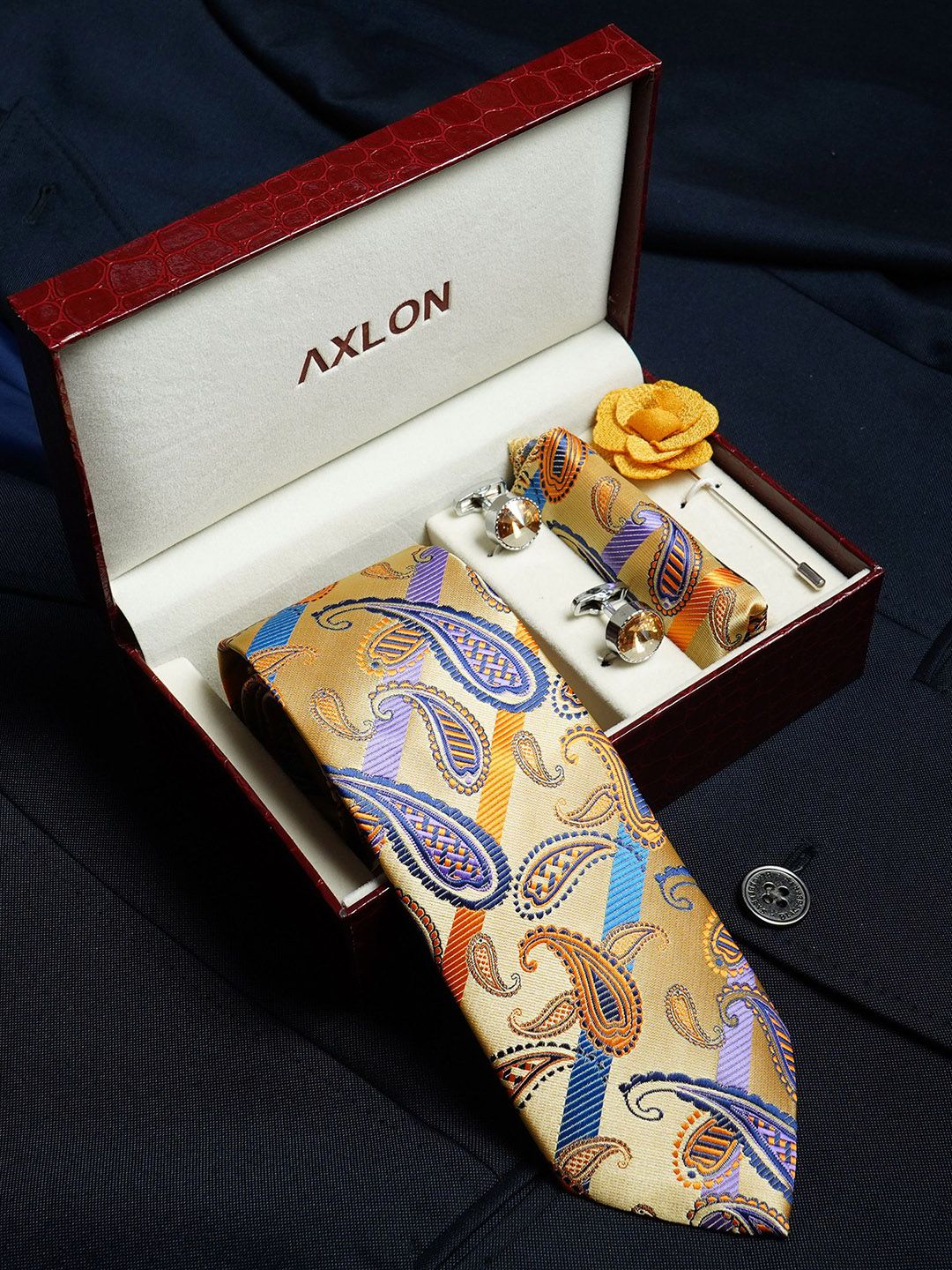 AXLON Men Striped Tie Pocket Square Cufflink & Flower Pin Accessory Gift Set deal from myntra AXLON Men Striped Tie Pocket Square Cufflink & Flower Pin Accessory Gift Set deal from myntra