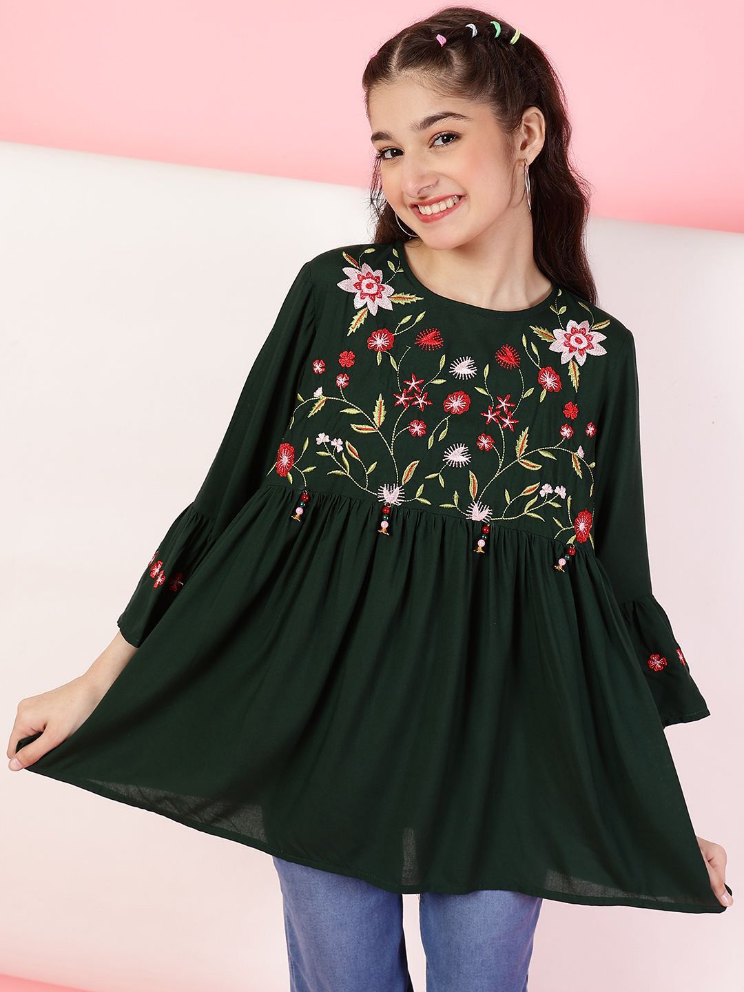 Miss & Chief Girls Floral Embroidered Bell Sleeves Top