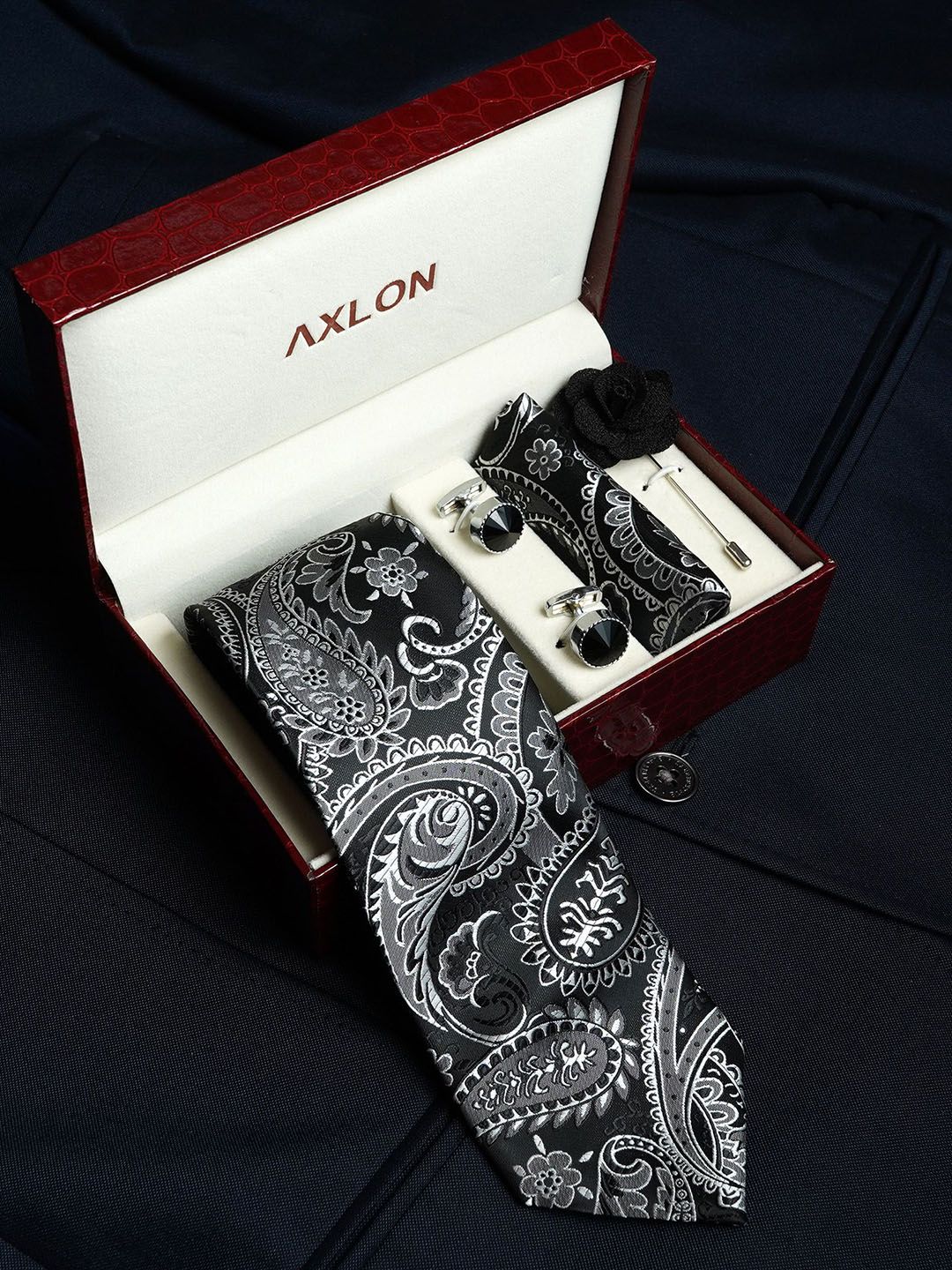 AXLON Men Accessory Gift Set Of Tie, Cufflinks, Pocket Square deal from myntra