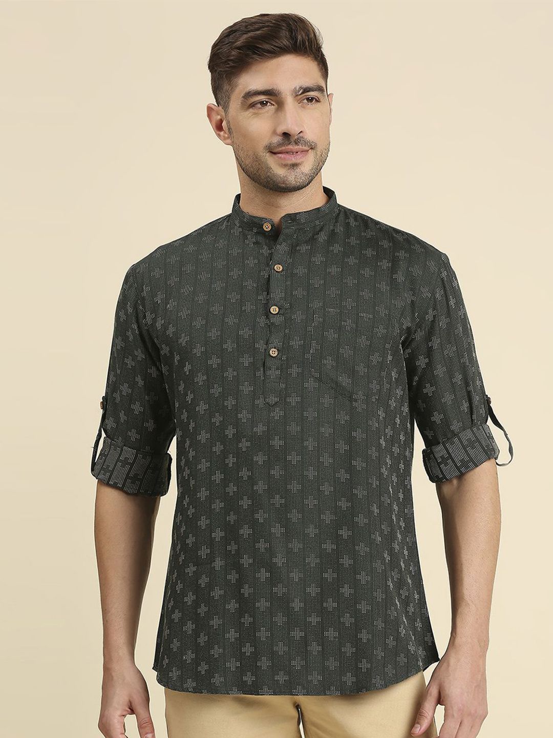 RAJUBHAI HARGOVINDAS Woven Design Band Collar Pure Cotton Kurta