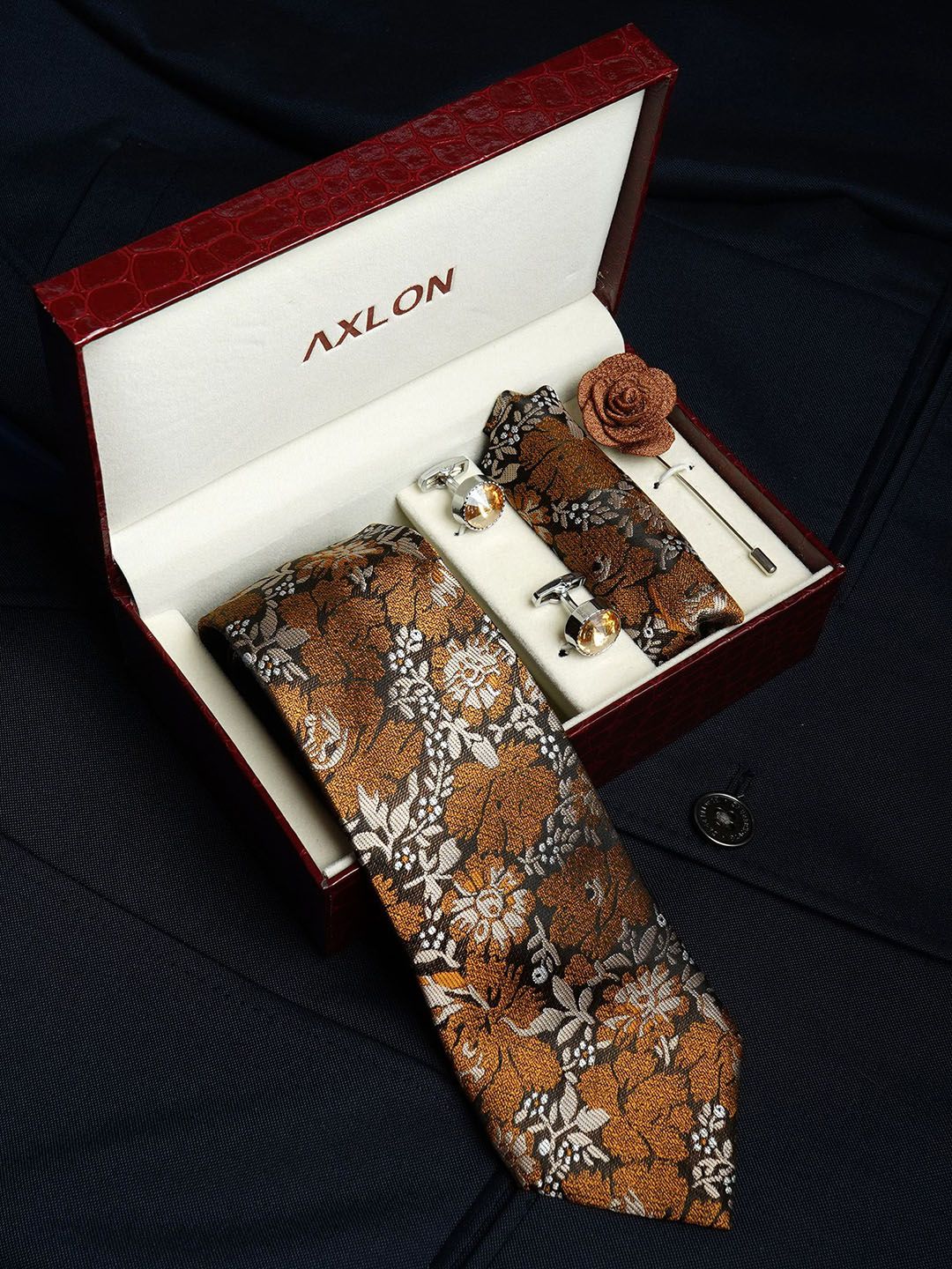 Axlon Men Mulberry Floral Tie, Cufflinks, Flower Pin & Pocket Square Accessory Gift Set deal from myntra Axlon Men Mulberry Floral Tie, Cufflinks, Flower Pin & Pocket Square Accessory Gift Set deal from myntra