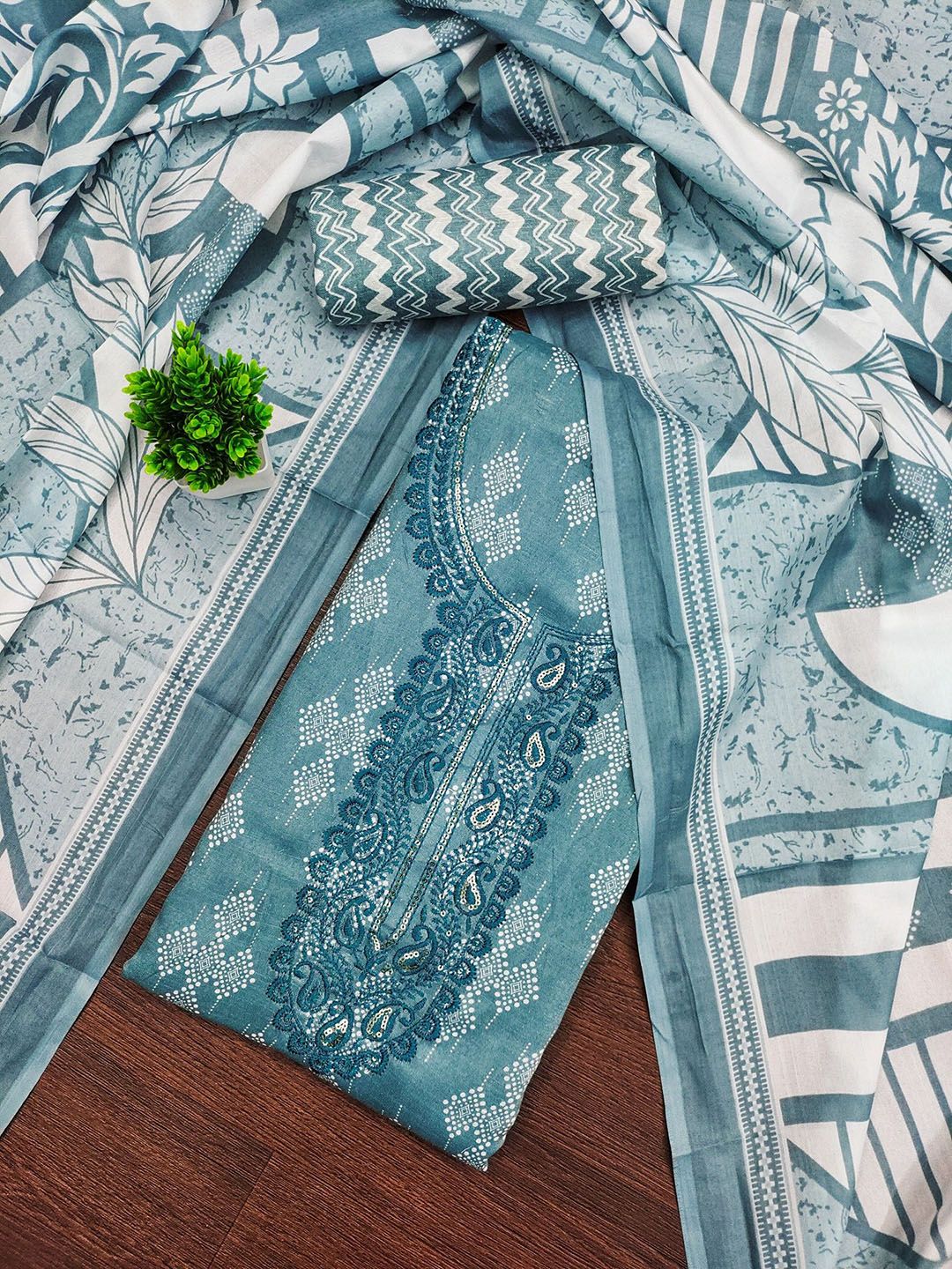 Rangtulika Ethnics Geometric Printed Thread Work Cotton Unstitched Dress Material