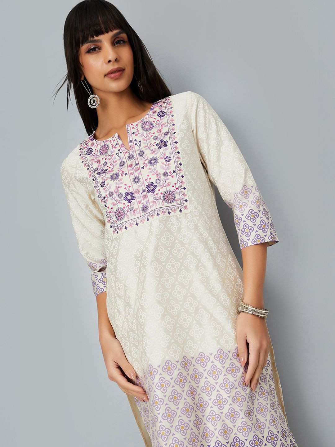 max Floral Embroidered Notch Neck Kurta