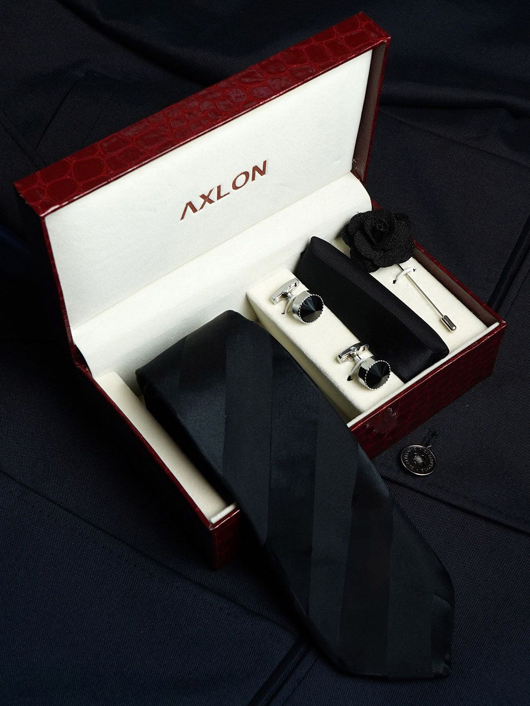 Axlon Men Striped Tie & Pocket Square Cufflink & Flower Pin Accessory Gift Set deal from myntra Axlon Men Striped Tie & Pocket Square Cufflink & Flower Pin Accessory Gift Set deal from myntra