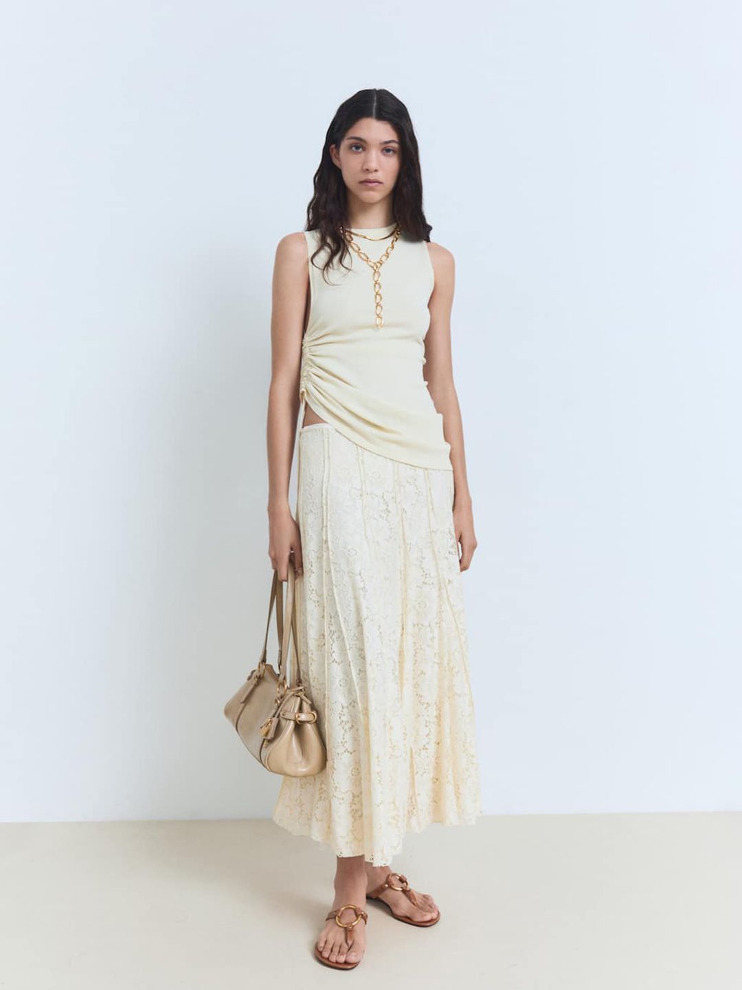 Mid-Rise Lace Inserts A-Line Panelled Maxi Skirt