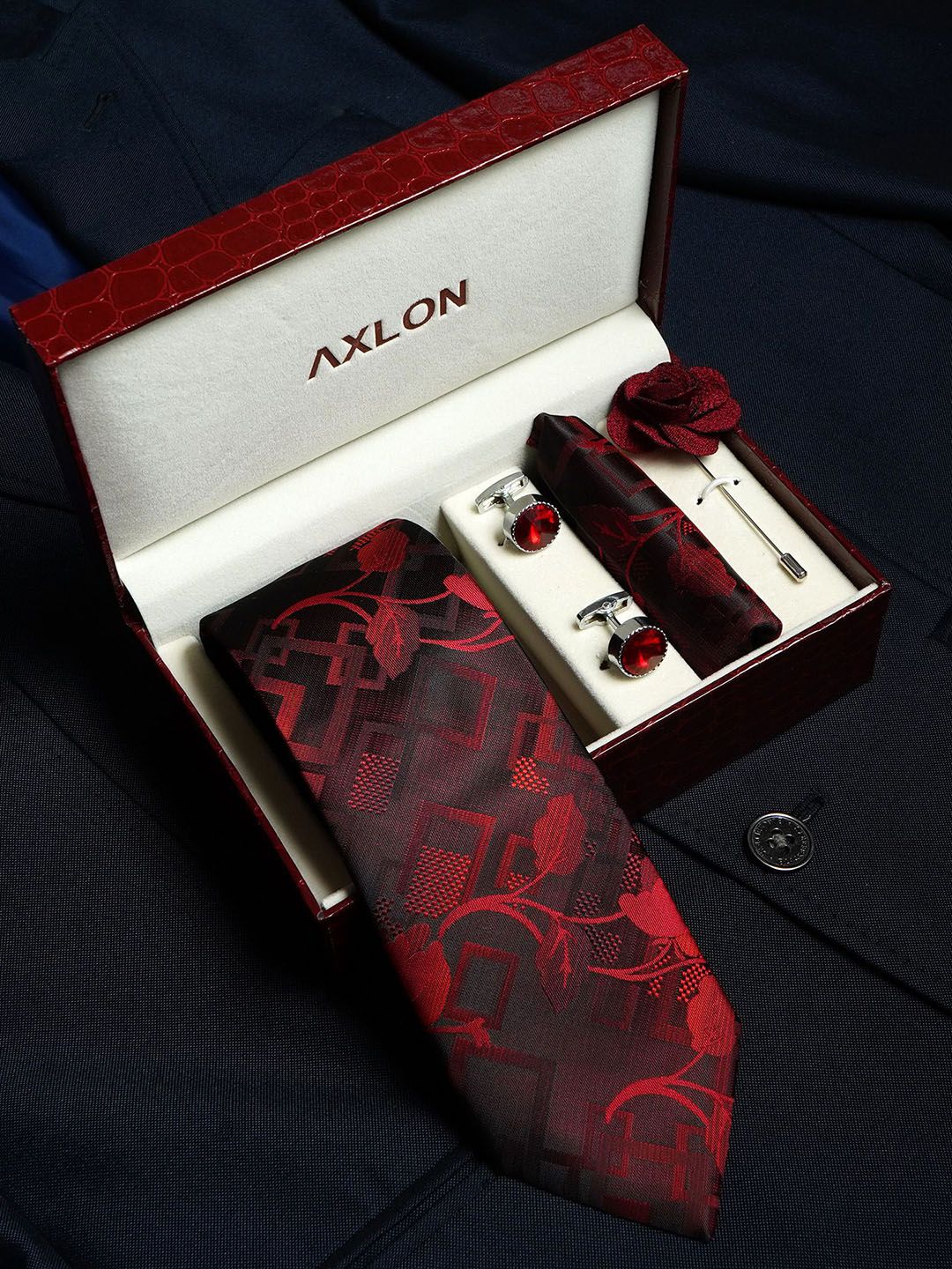 AXLON Men Geometric Tie Pocket Square Cufflink & Flower Pin Accessory Gift Set deal from myntra AXLON Men Geometric Tie Pocket Square Cufflink & Flower Pin Accessory Gift Set deal from myntra
