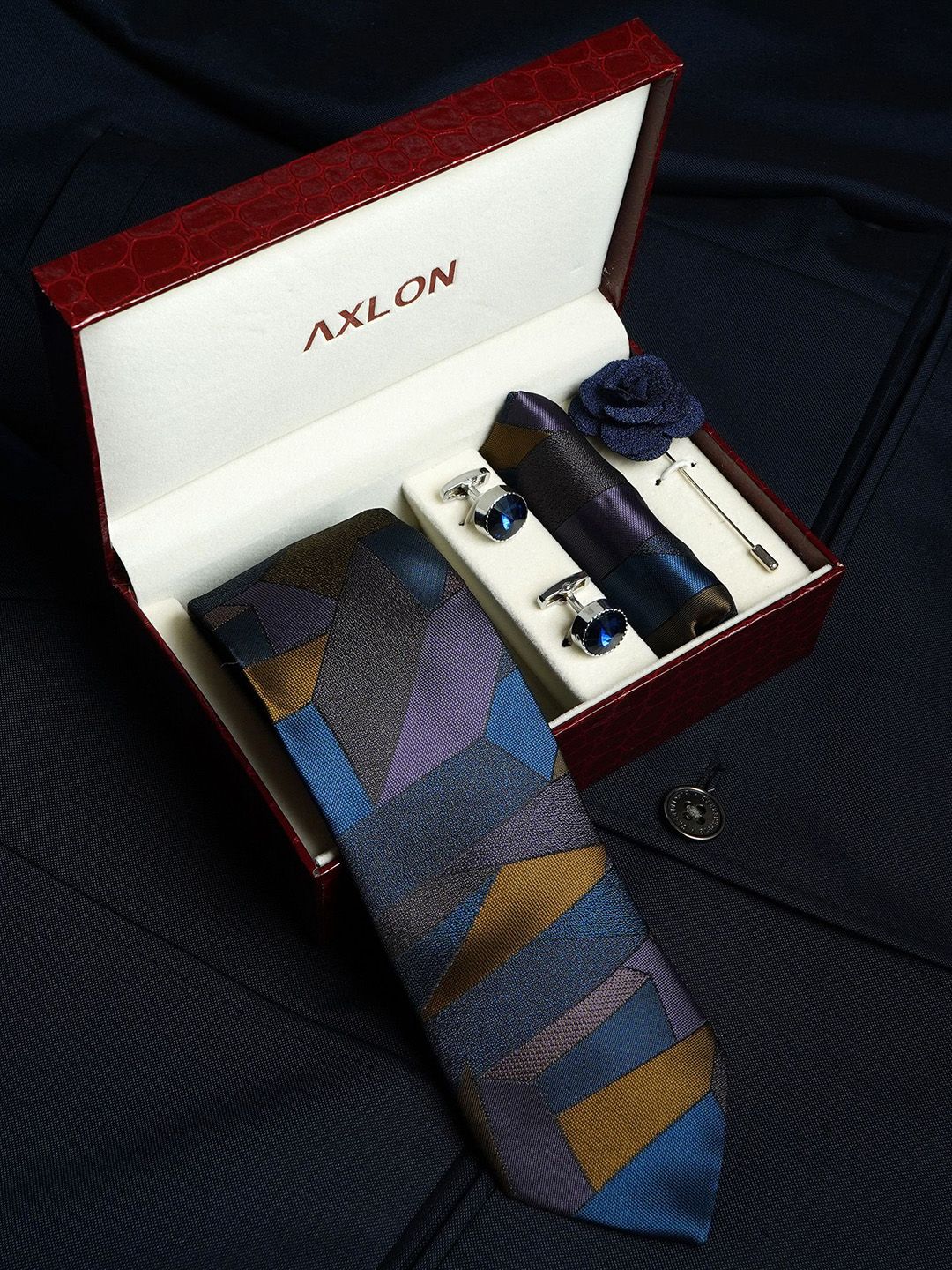 AXLON Men Geometric Tie Pocket Square Cufflink & Flower Pin Accessory Gift Set deal from myntra AXLON Men Geometric Tie Pocket Square Cufflink & Flower Pin Accessory Gift Set deal from myntra