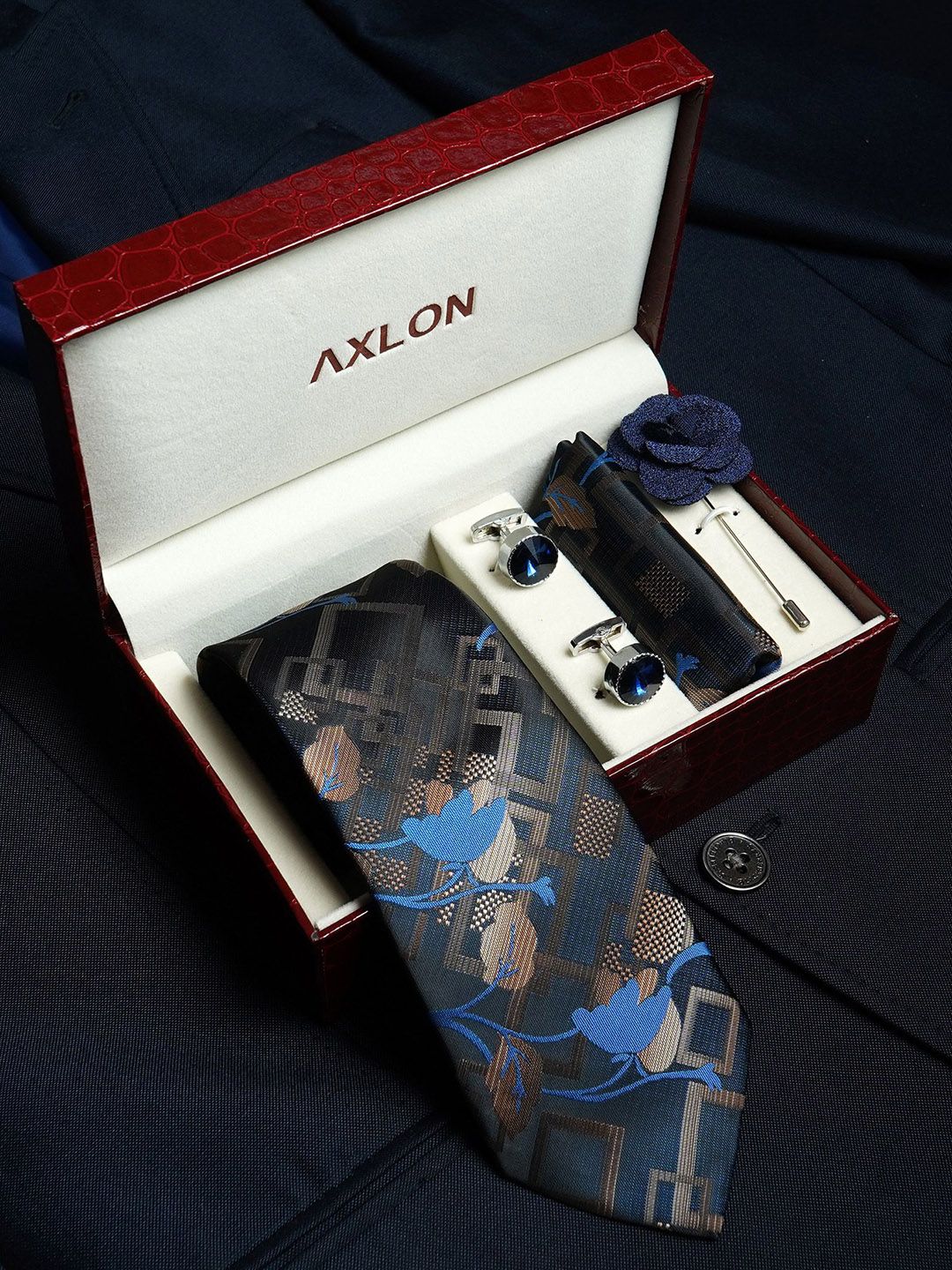 Axlon Men Geometric Tie, Cufflinks, Flower Pin & Pocket Square Accessory Gift Set deal from myntra Axlon Men Geometric Tie, Cufflinks, Flower Pin & Pocket Square Accessory Gift Set deal from myntra