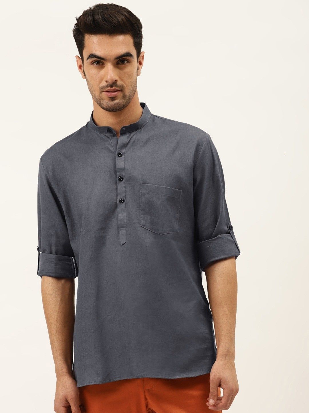 RAJUBHAI HARGOVINDAS Band Collar Short Sleeves Linen Straight Short Kurta