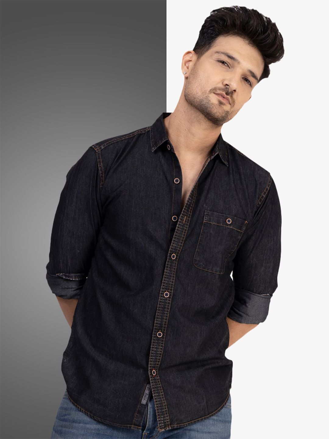 D Finish Spread Collar Smart Denim Casual Shirt