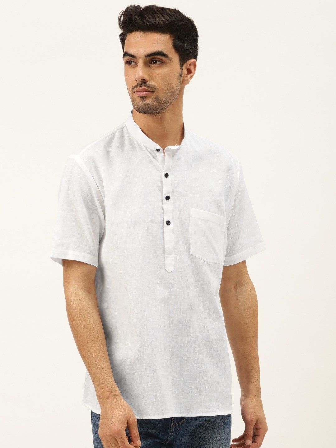 RAJUBHAI HARGOVINDAS Band Collar Short Sleeves Linen Straight Short Kurta