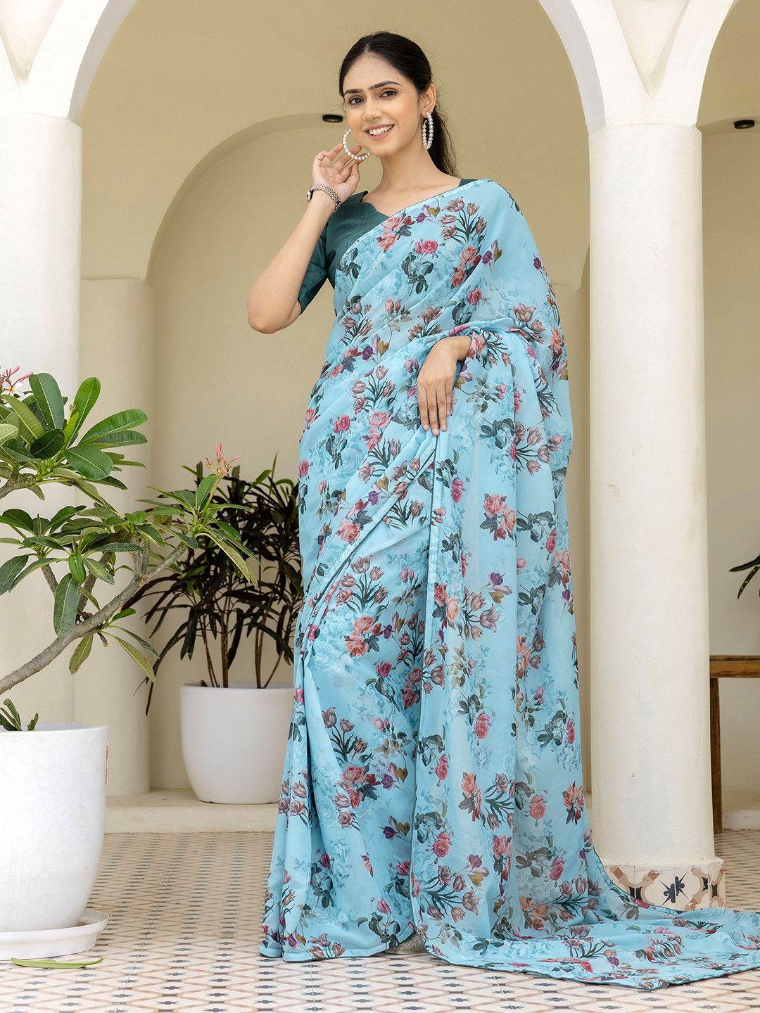 Mitera Floral Printed Pure Georgette Ready to Wear Saree