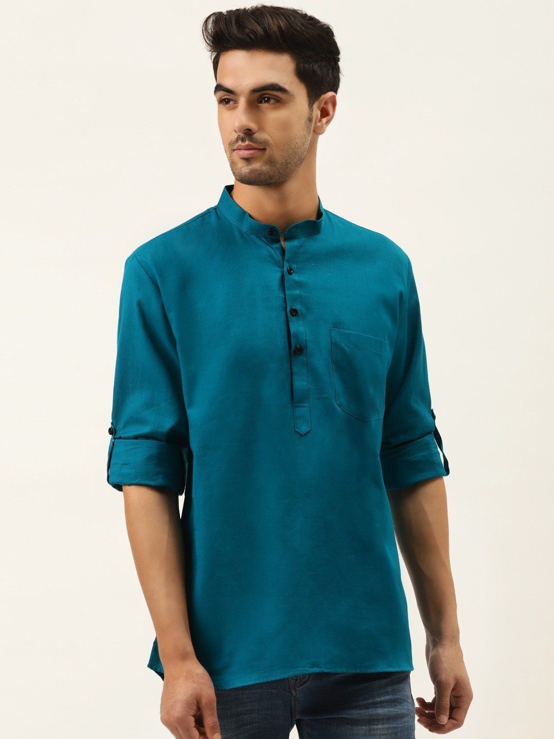 RAJUBHAI HARGOVINDAS Band Collar Short Sleeves Linen Straight Short Kurta