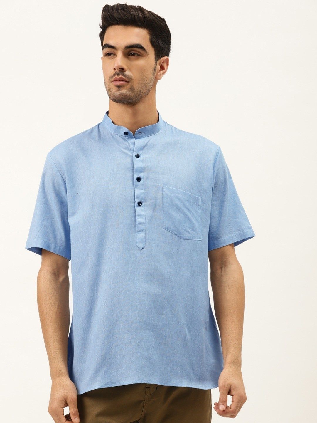 RAJUBHAI HARGOVINDAS Band Collar Short Sleeves Linen Straight Short Kurta
