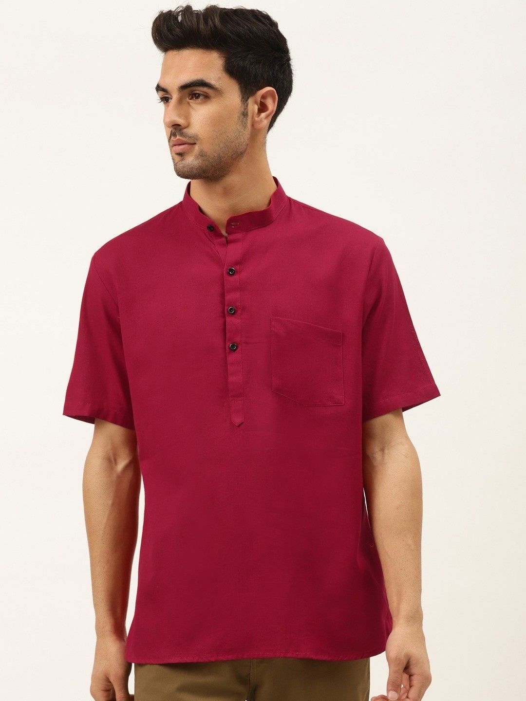 RAJUBHAI HARGOVINDAS Band Collar Short Sleeves Linen Straight Short Kurta